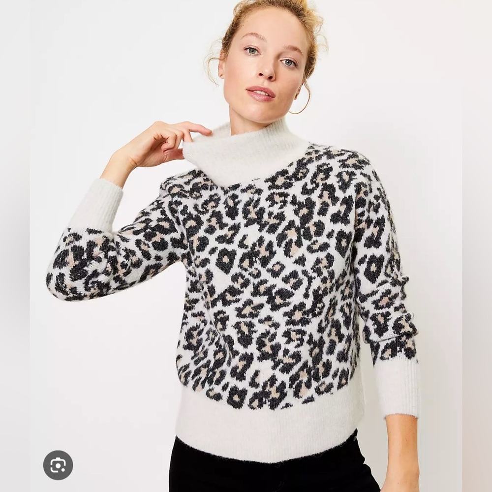 LOFT Black and White Mock Neck Leopard Sweater
